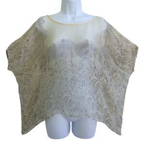 SiLK Mes Demoiselles Paris Sheer Cream Blouse Gray Floral Paisley Elastic Arm L